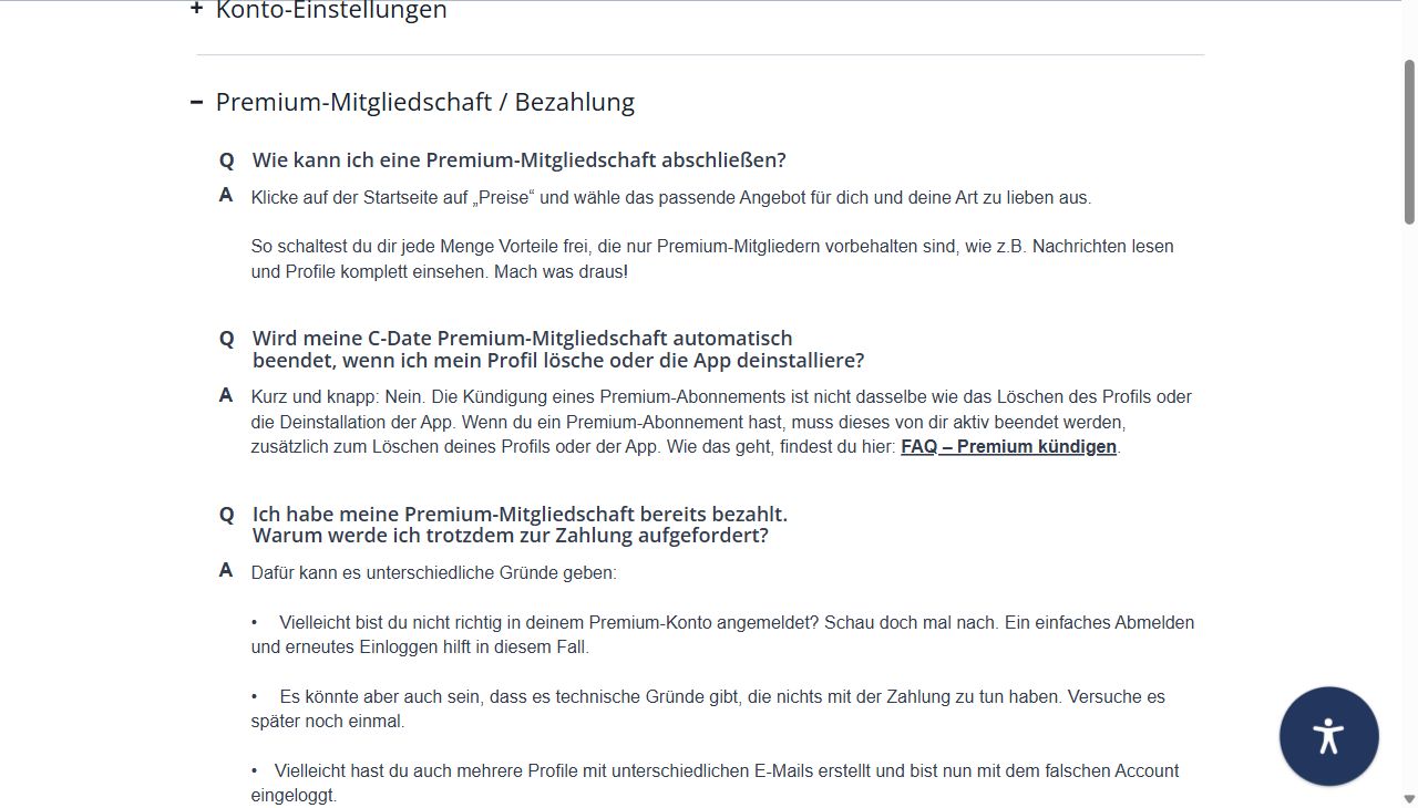 FAQ von C-Date, Bereich Premium-Mitgliedschaft